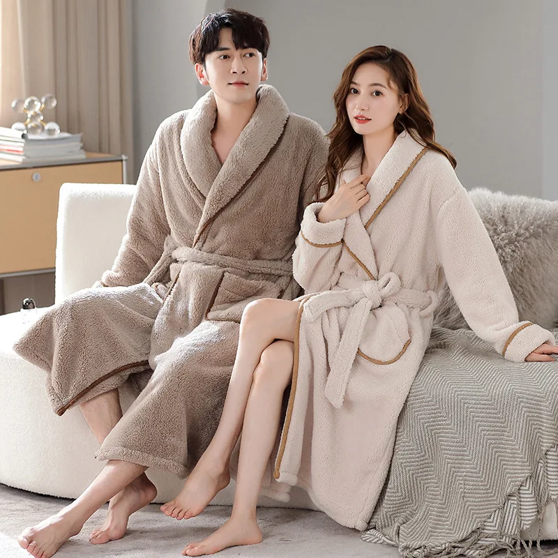 Men and Women Long Coral Fleece Bathrobe Over-the-Knee Style Flannel Lining Plus Size Winter Couples