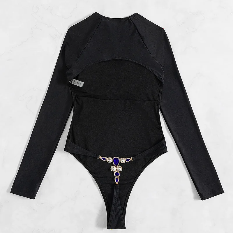 Black Long Sleeve One Piece Swimsuit Backless Rhinestone Crystal Micro Thong Bikini Women Hot