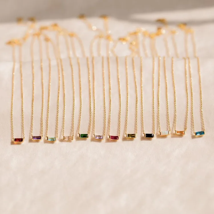 Dainty Minimalist 18k Gold Plated 925 Sterling Silver baguette Cz Diamond Birthstone Pendant Necklace Wholesale