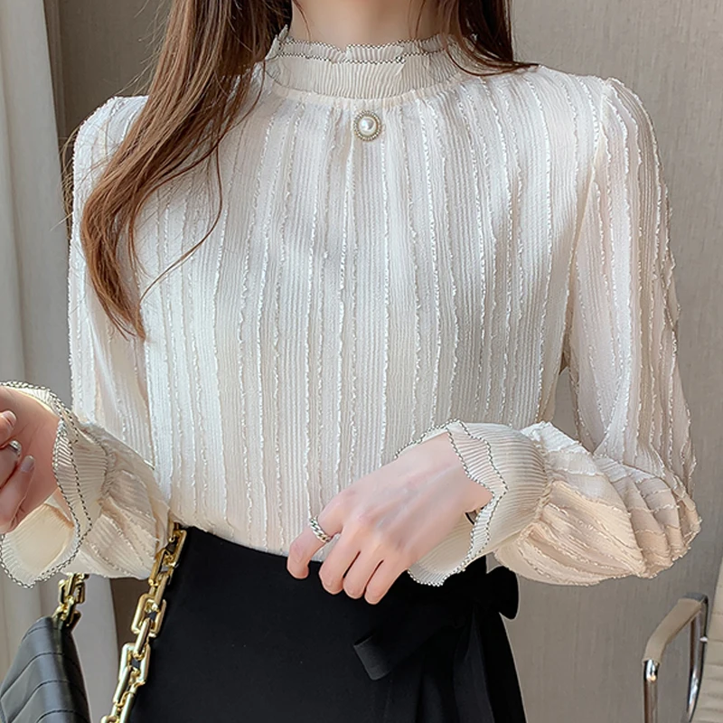 Spring Autumn Women Stand Collar Lace Chiffon Blouse Shirt Tops Long Sleeve Blouse Women Blusas Mujer De Moda 6615#