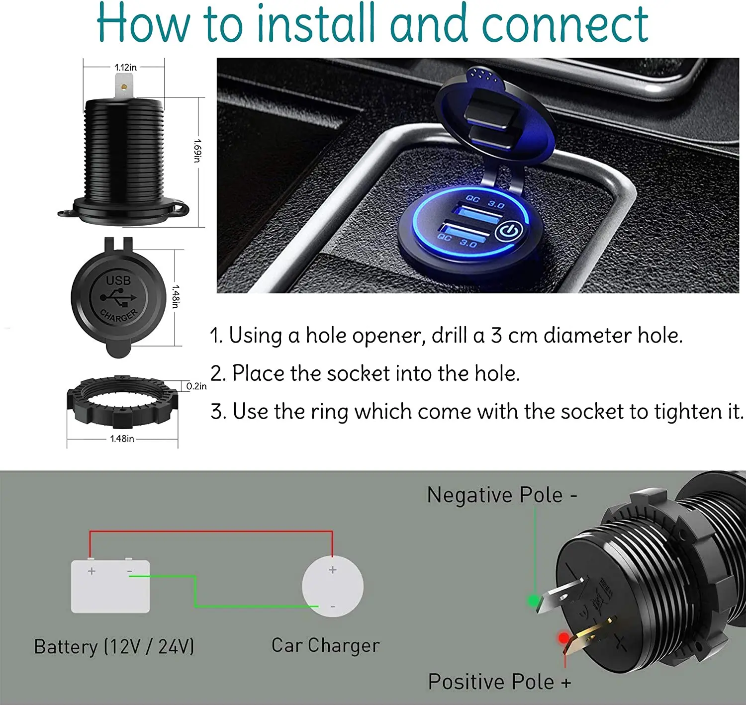 12V USB Outlet, Quick Charge 3.0 Dual USB Car Socket with Touch Switch 36W 12V/24V Fast Charger for Truck Motorcycle Marine Boat