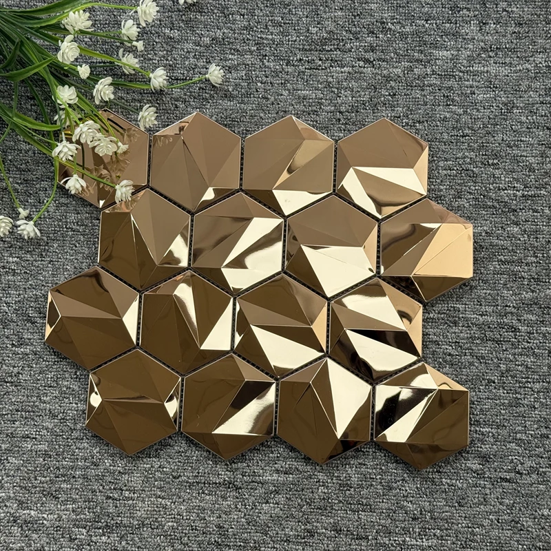 Hexagonal Metal Mosaic 3D Stereo Beveled Glass Tile for KTV Interior Background Wall Decoration Graphic Design Capability