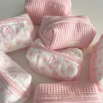 Personalized Elegant Waffle Fabric Makeup Pouches Bag Knitted Cosmetic Bags Plain Color Toiletry Pouch for Women