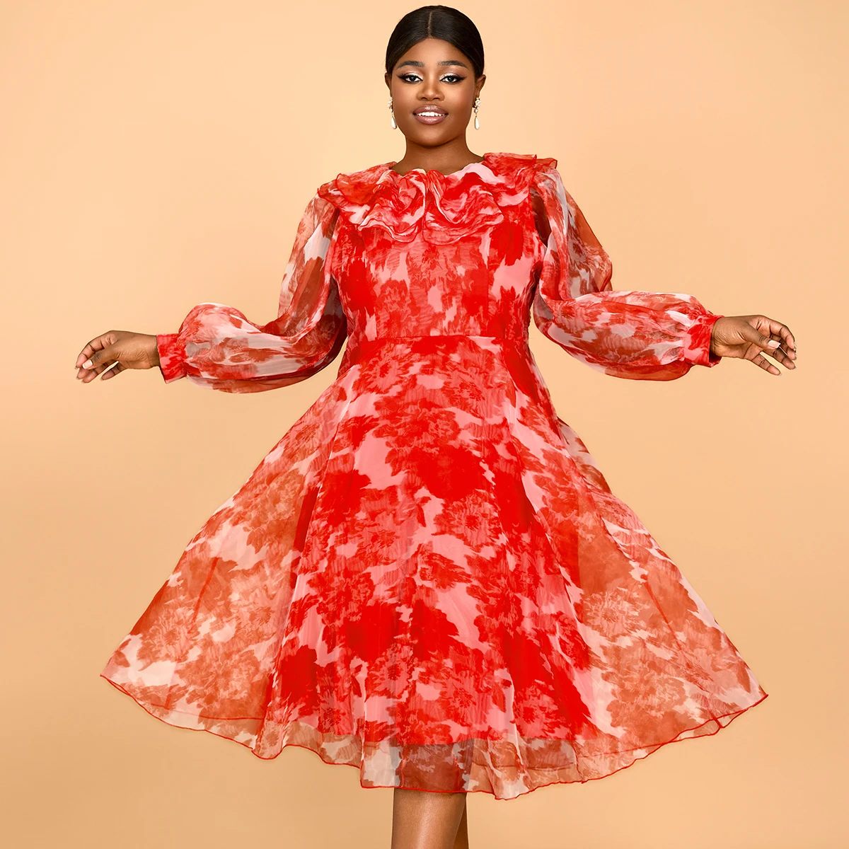 Long Sleeves Red Tea Length Cocktail Dress Tea Length Long Sleeve Floral Formal  Dress Long Sleeve