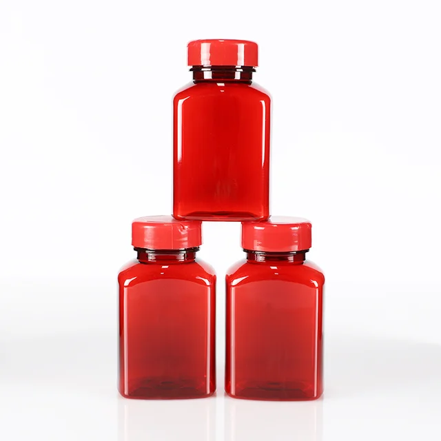 Square/rectangular Medicine bottle 250ml red transparent pet plastic health product empty vitamin wide mouth bottle