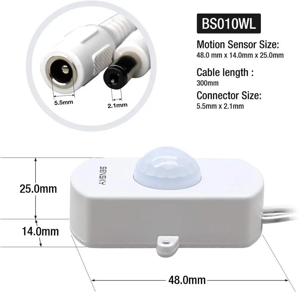 BS010BW DC12V 24V  Time Distance Adjustable Dimmer Mini Smart PIR motion Sensor For Light Control