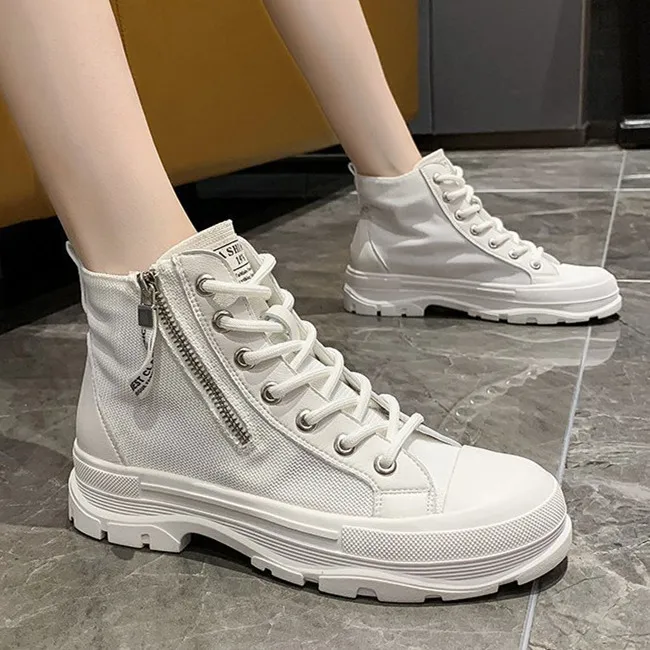 高档拉链女厚底靴子透气系带运动鞋帆布鞋性感女士脚踝矮矮胖胖的靴子