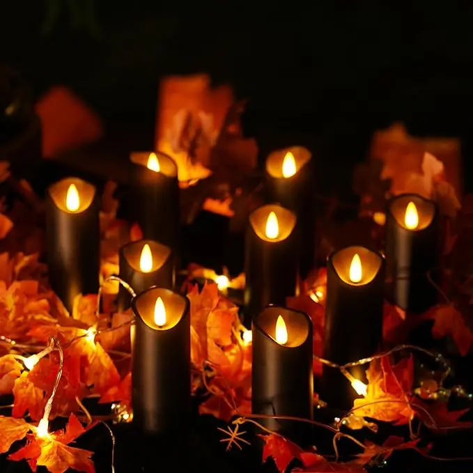 Black Flameless Battery Operated Led Pillar With Moving Flame Wick With