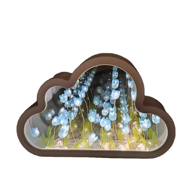 Handmade DIY Cloud Tulip Mirror LED Night Light Flower Creative Girl Bedroom Desktop Decoration Birthday Gift