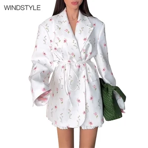 Autumn Casual Fashion Printed Loose Suit with Lace-Up Waist Jacket Breathable Woven Fabric Button Decoration