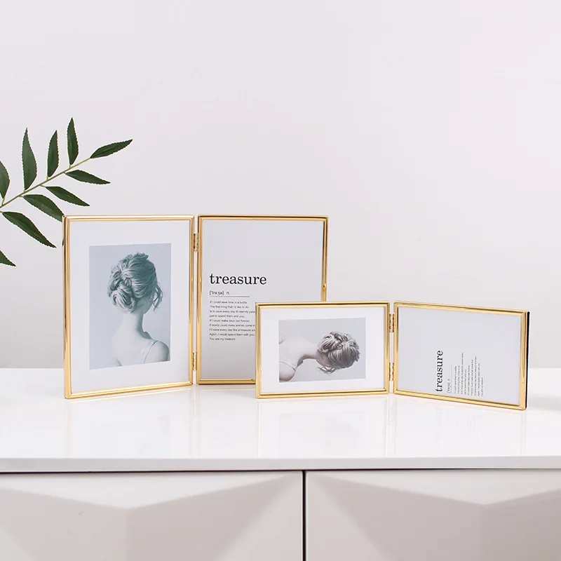 Customized Side by Side Desktop Table Display Glass Hinged Metal Folding Picture Photo Frames