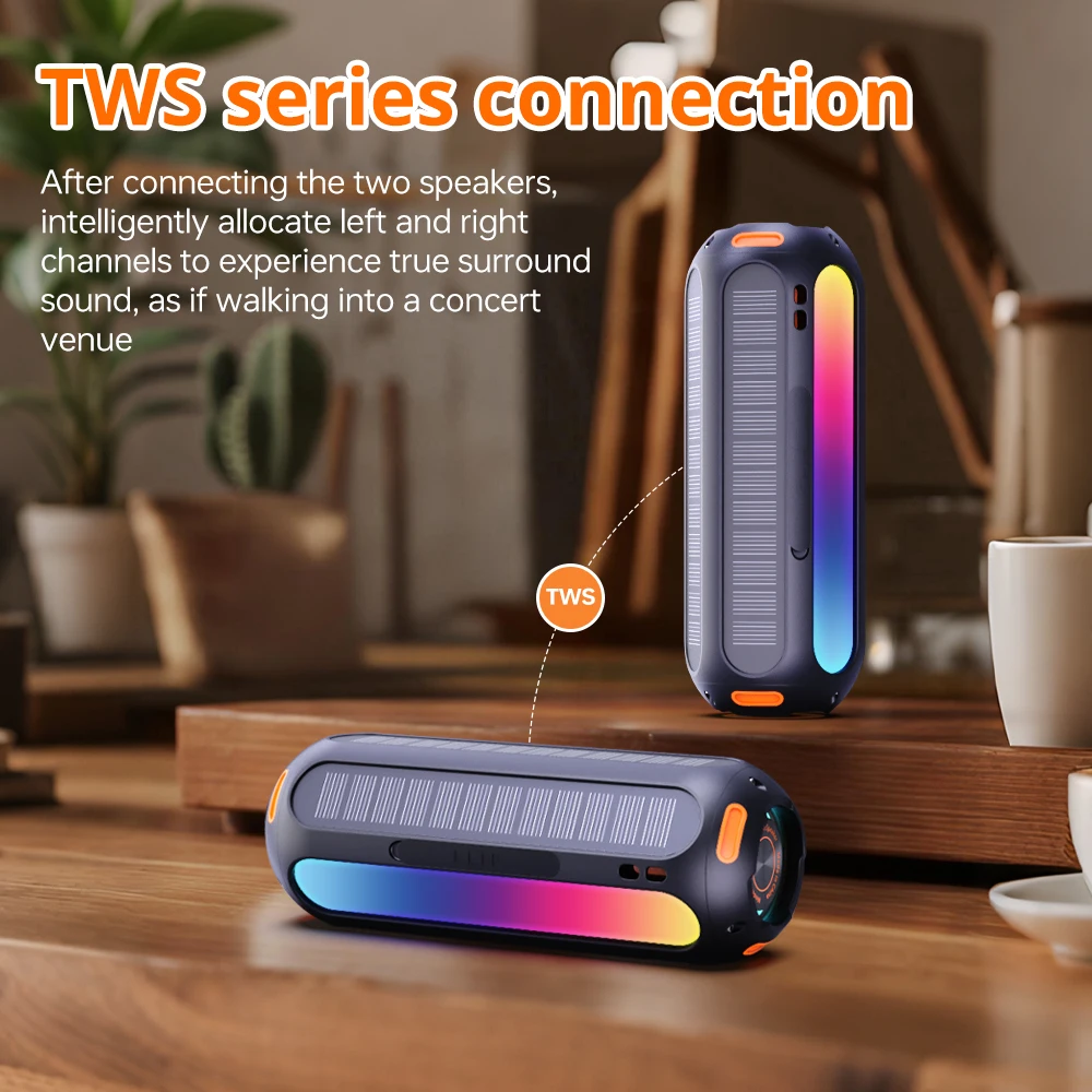 Stereo Pair Outdoor Solar Speaker IP66 Waterproof with Magnetic Base & Wrist Strap for Backpack Cycling Camping Adventures