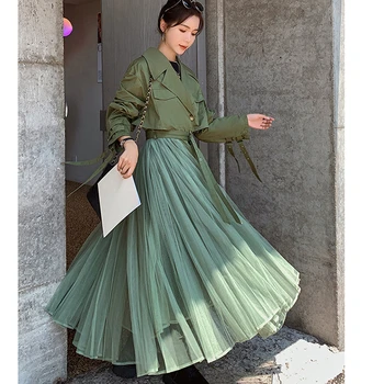 Mesh skirt stitching windbreaker jacket autumn 2022 new style long over-the-knee dress women