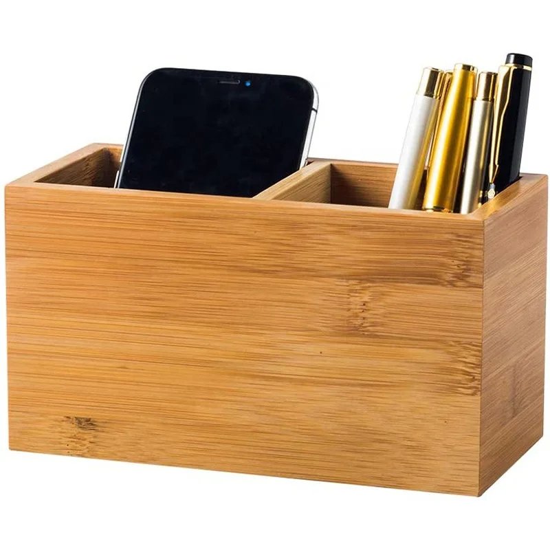 Бамбуковый держатель для ручек, деревянный подстаканник для карандашей, настольный милый многофункциональный держатель с дистанционным управлением и 2 ячейками (бамбук)