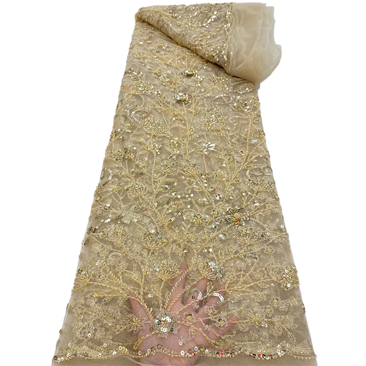 gold fabric for dresses Wedding Top Gold Sequins Mesh Lace Dress Fabric Fashion Prom Dress By Yard
