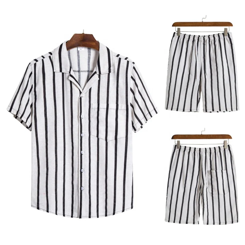 JL0611A Trendy Fashion Shorts Set Full Print New Hawaiian Beach Wear Striped Shirt Men Shirt Suit Set Men