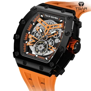 Luxury Mens Automatic Skeleton Mechanical Watch Custom Double Hollow Tourbillon with Tonneau Case Water Resistant Silicone Band
