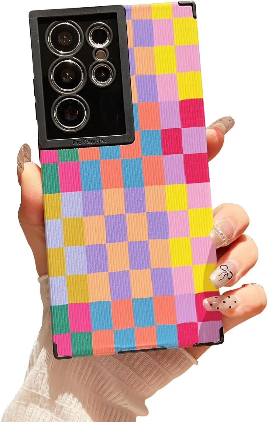 Checkered Painted Case for Samsung Galaxy S24 S23 Ultra Soft PU Leather TPU Cute Colorful Case for Girls Slim Shockproof details