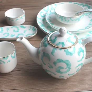 Green Xiangyun ceramic tableware rice bowl teapot teacup spoon restaurant home set