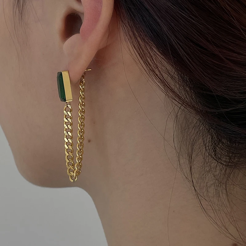 Green Glass Rectangle Tassel Earrings 