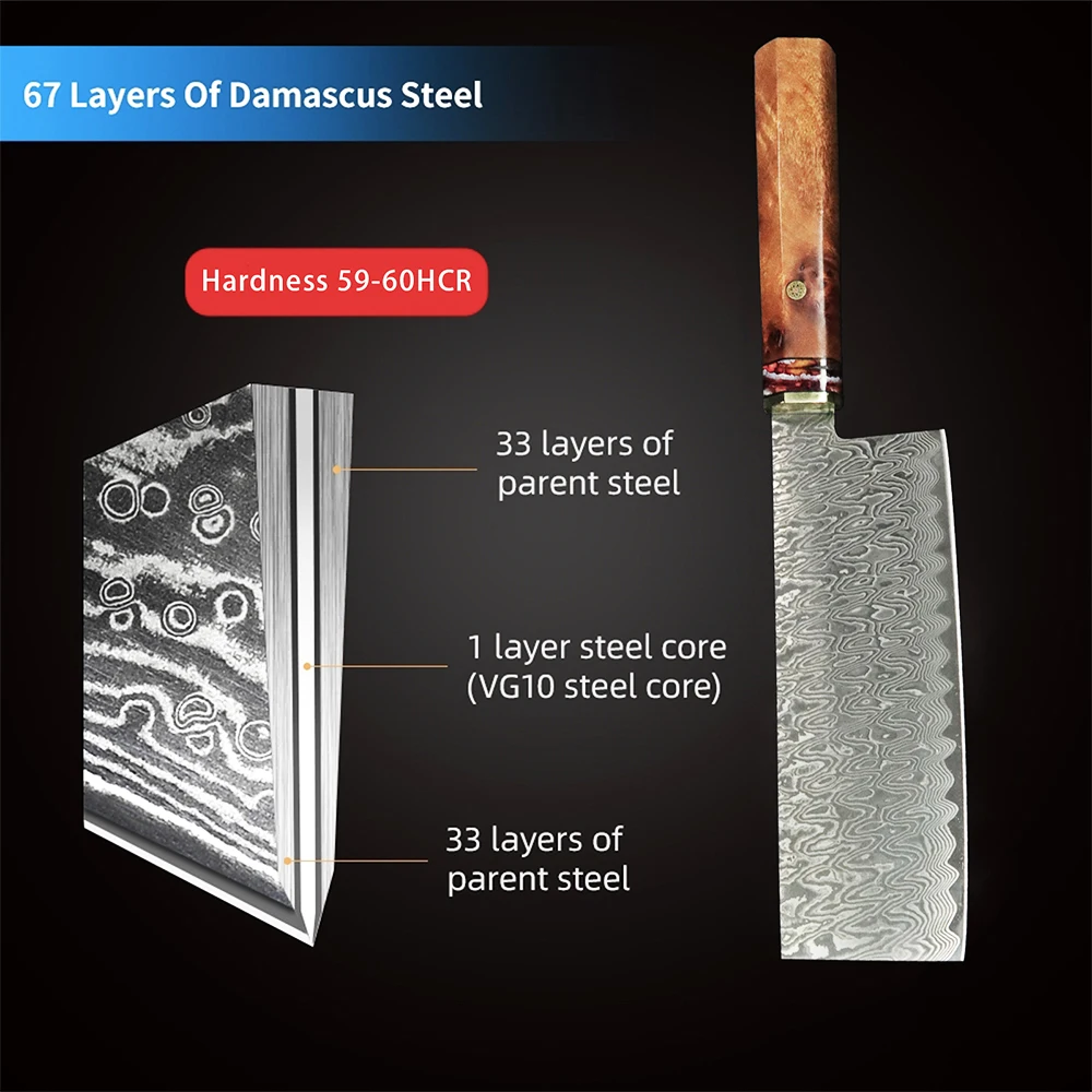 Damascus Steel Chef Knife - Carbon Steel Chopping  Slicing Knife