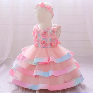 High-end Sleeveless Beaded Summer Dress for Girl Graceful Multi-layer Big Bow 1 Years Old Girls Tulle Dress Clothes for Kids