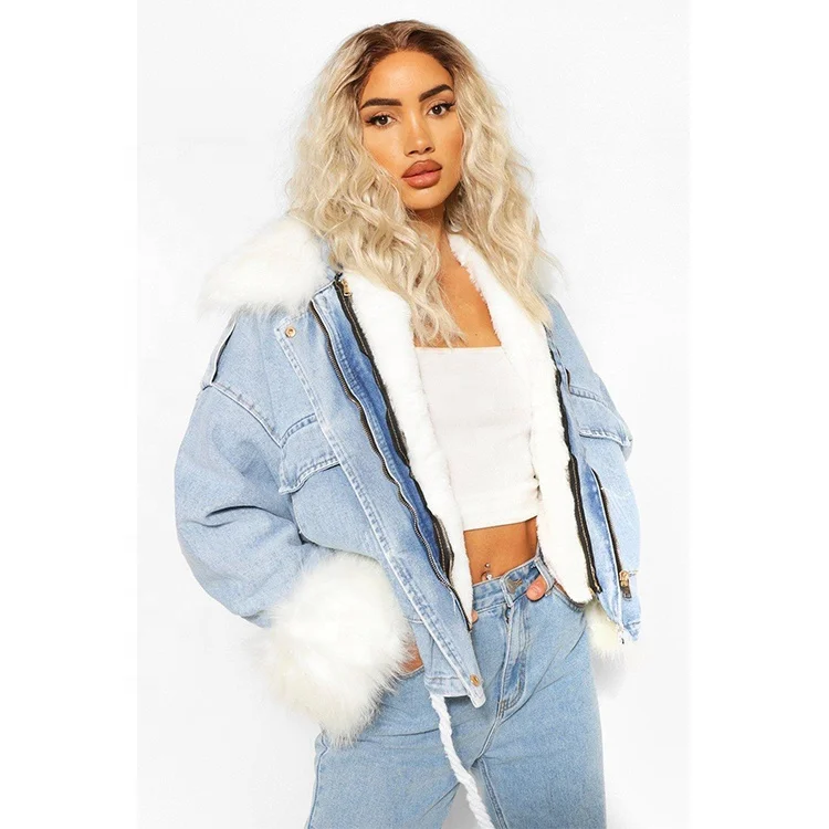 Custom Jeans Fleece Warm Coat Short Zipper Faux Fur Trim Oversized
