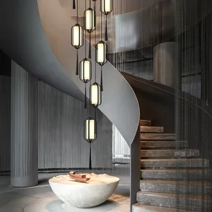 Chinese Retro Style Black Lantern Pendant Light Long Chandelier Staircase for Villa Stair