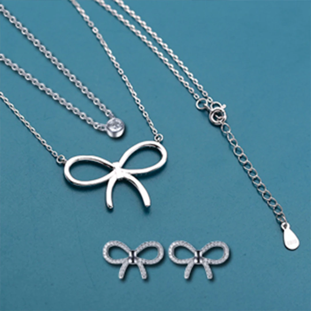 Fashion 925 sterling silver bow-knot necklace and earrings jewelry set for women