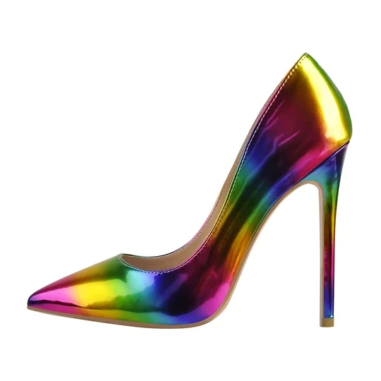 Pointy toe rainbow color patent PU fashion heels for women court dress shoes new arrived design