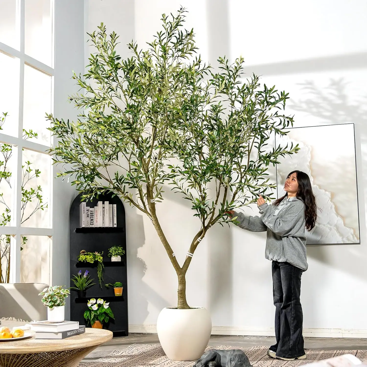 Artificial Olive Tree with Realistic Resin Trunk and Green Leaves for Indoor Office Living Room Decoration with White Pot