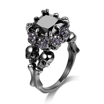Black Skull Head Zircon Ring 5# 6# 7# 8# 9# 10# Halloween Explosion Black Gold Luxury Diamond Jewelry Ring