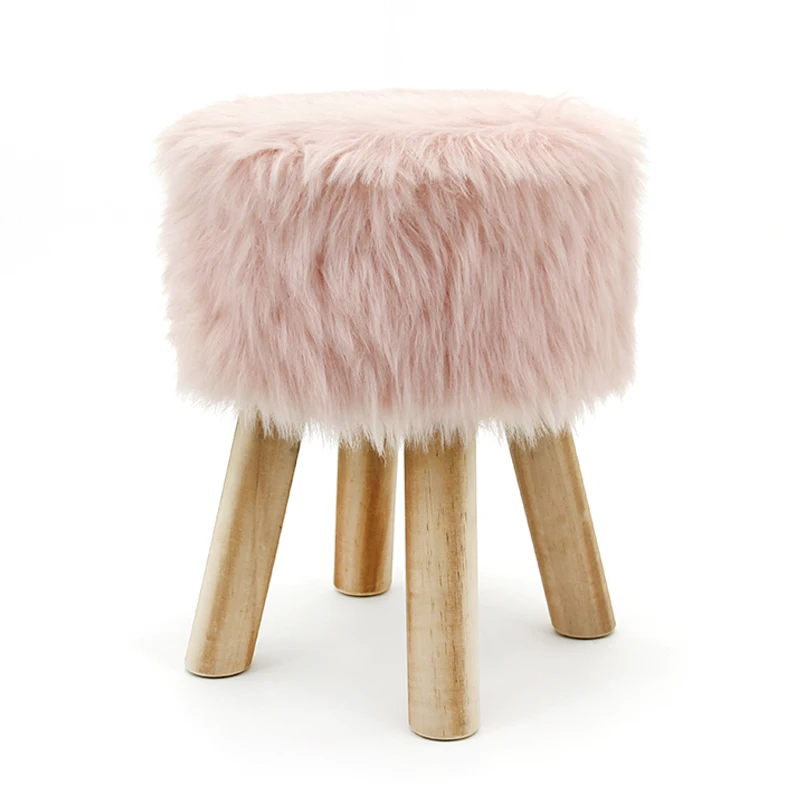 HStex 2020 Living Room Furniture Fake Fur Wood Round Sitting Stools with Wooden Legs Shape pink Ottoman