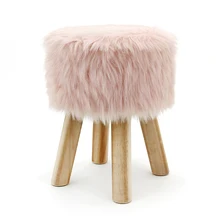 HStex 2020 Living Room Furniture Fake Fur Wood Round Sitting Stools with Wooden Legs Shape pink Ottoman