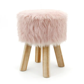 HStex 2020 Living Room Furniture Fake Fur Wood Round Sitting Stools with Wooden Legs Shape pink Ottoman