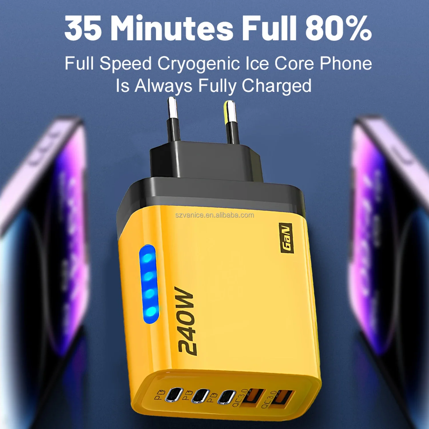 EU/US Plug 240W GaN Charger Adapter 5 Port PD USB Fast Charger 240W LED Light USB-C Power Adapter