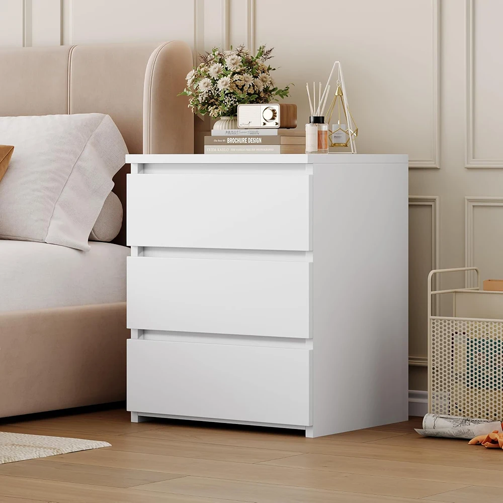 product white wooden modern 3 drawer nightstand with cut out handle for apartment bedroom sofa side table-3