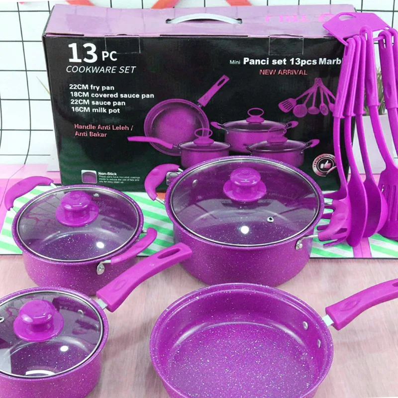 Hot Selling Colorful 13-Piece Non-Stick Multi-Functional Soup Milk Pot Sets Frying Pan Gift Purple Red Blue Cooking Kitchenware