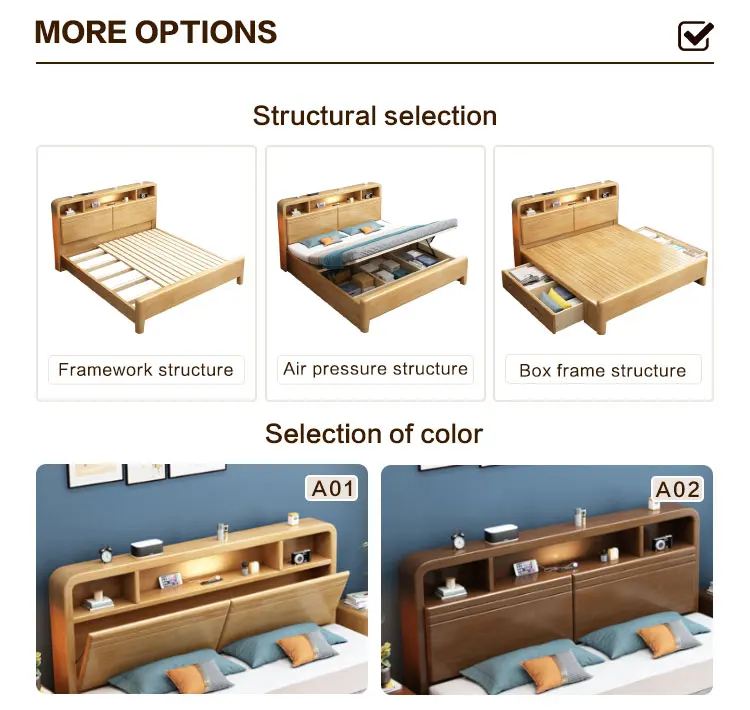 Nordic Bedroom Furniture With Lights King Double Bed Simple Storage ...