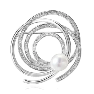 925 Sterling Silver Large Pin Brooch Fashion Designer Jewelry with Pearls
