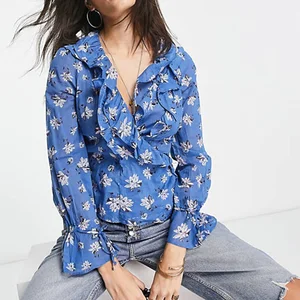 New Arrival Autumn Women's V-Neck Long Sleeves Wrap Top Floral Print Ruffle Casual Blouse