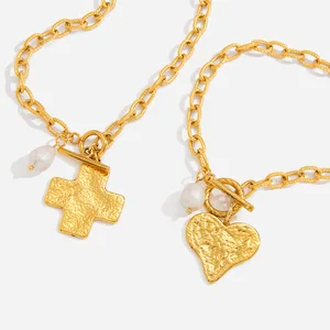 Ilona Fashion Heart Cross 18K Gold Electroplated Stainless Steel Freshwater Pearl Hammer Ots Button Link Chain Pendant Necklace