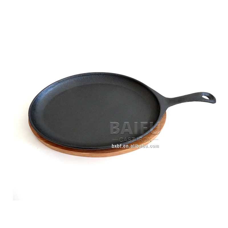 Solid Cast Iron Fajita Sizzler Skillet Pan With Wood Base & Handle, One Set