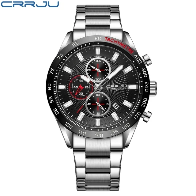 CRRJU Orologi per gli uomini di lusso Business in acciaio inossidabile impermeabile calendario cronografo analogico al quarzo orologi da polso, UN GRIGIO NERO, classico