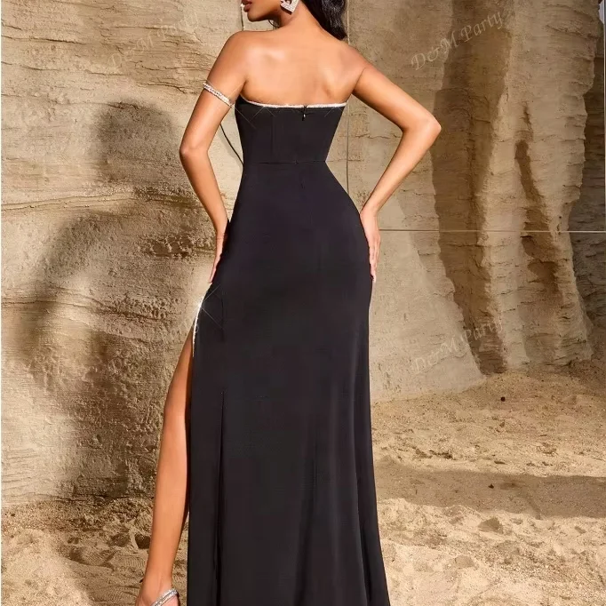 black long dress sleeveless Women Solid Black V-Neck Sleeveless Georgette Thigh-High Slit Flared Maxi  Dress