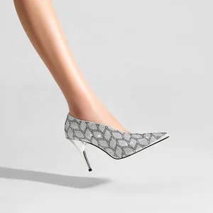 Customizable High Heel Pumps for Women Thin Heel Sparkly Snakeskin Pattern Rhinestone Decorated Stiletto for Parties-OEM/ODM