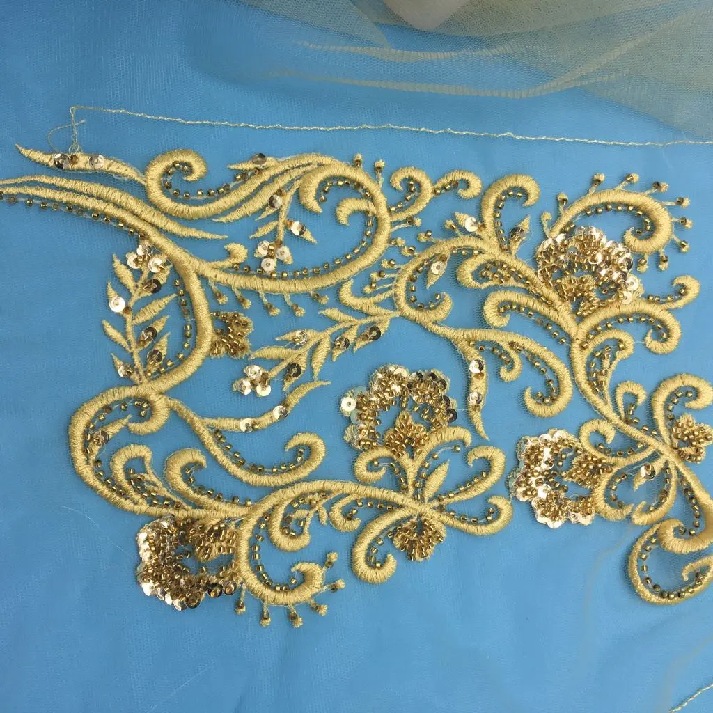 Whole Set Heavy Stone Gold Work Bridal Lace Applique for Wedding Dress