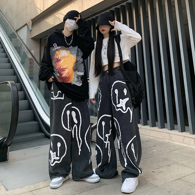 Ins Style Retro Dark Print Graffiti Paint Unisex Jeans Casual Wide Leg Jean Trouser for Ladies Latest