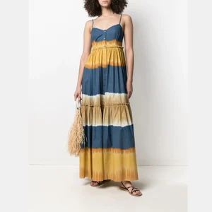 Summer Fashion Stripe Maxi A-Line Women Print Summer Button Tie-dye Cotton Maxi Dress