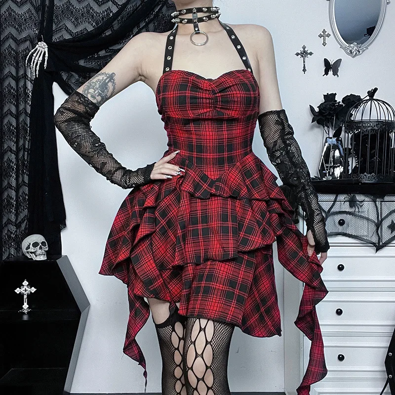 red plaid punk dress Edgy Red Tartan Dress With Zipper & Ruffle Details, Asymmetrical Punk - Inspired Plaid Sleeveless Dress